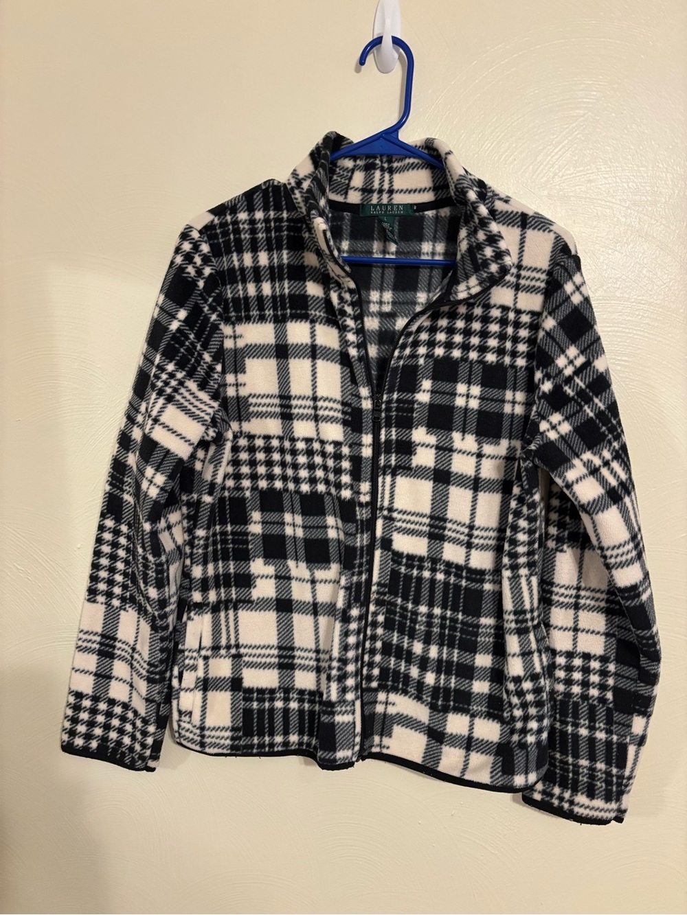 Lauren Ralph Lauren Black White Plaid Fleece Jacket Full Zip Size L